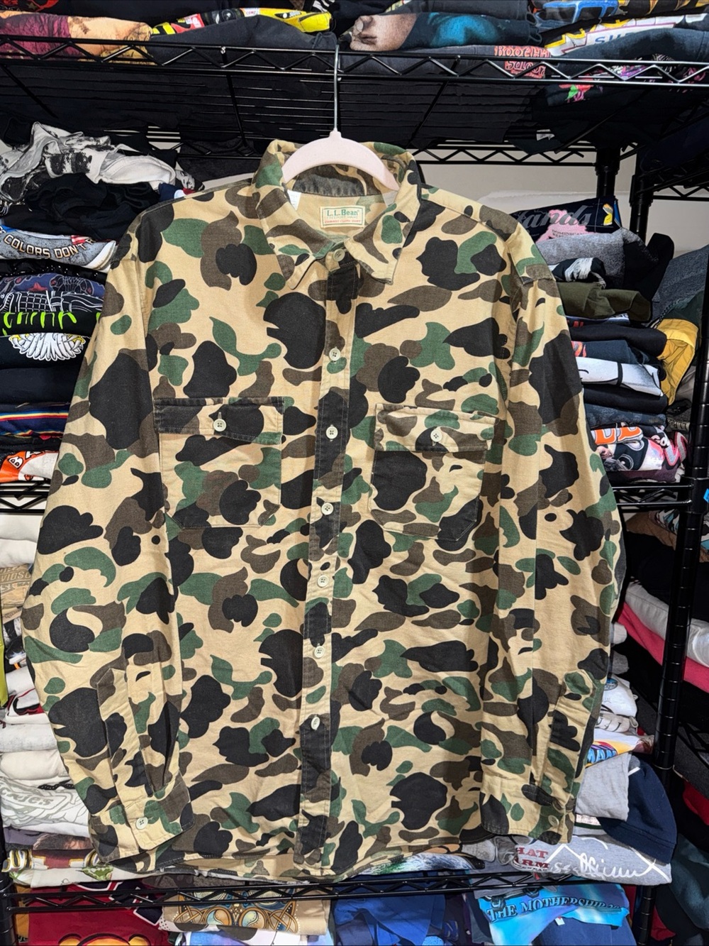 Vintage LL Bean Duck Camo Hunting Chamois Cloth Shirt Mens Size 17 Tall (XL)USA